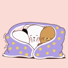 a cartoon drawing of a dog and a bear wrapped in a blanket