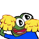 a cartoon frog is wearing a blue shirt and holding a pair of yellow pom poms .