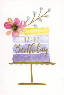 a birthday card with a cake on a stand and the words happy birthday