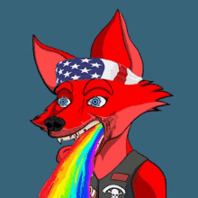 a cartoon of a red fox with a rainbow in his mouth