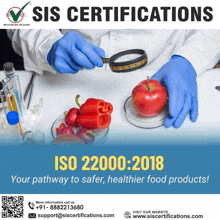 an advertisement for sis certifications shows a person examining an apple