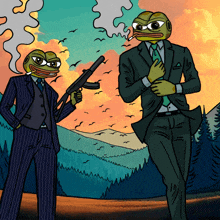 a cartoon of two men in suits one smoking a cigarette the other holding a gun