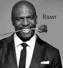 a man in a suit and tie is holding a rose in his mouth and the word rawr is on the bottom