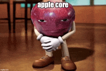 a cartoon apple with arms and legs is sitting on the floor with its eyes closed .