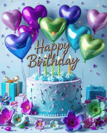a birthday cake is decorated with balloons and flowers and says " happy birthday "