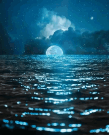 a full moon shines over a body of water at night