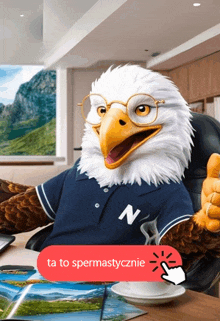 a bald eagle wearing glasses and a shirt that says n on it