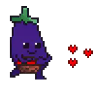 a pixel art drawing of a purple eggplant with hearts coming out of it 's mouth .