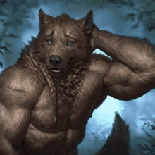 a painting of a werewolf with big muscles and a blue background