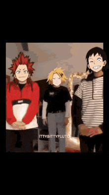 a group of anime characters are standing next to each other in a living room .