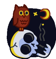 an owl sitting on top of a skull with a crescent moon