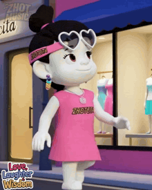 a cartoon character is wearing a pink shirt that says ' zhouza ' on it
