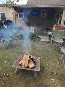 a blue lowe 's cooler sits on a patio