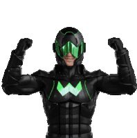 a man in a black superhero costume with green goggles flexing his muscles