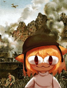 a cartoon drawing of a girl wearing a helmet and smiling with a military scene in the background including a tank