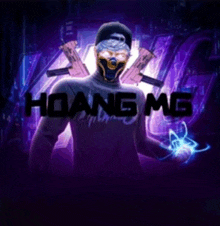 a man wearing a mask and holding two guns with the name hoang mg written on the bottom