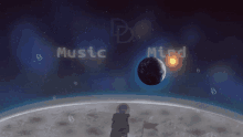 a drawing of a person on the moon with the words music mind behind them