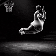 a fat man is jumping in the air with a basketball in his hand