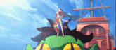 a cartoon drawing of a woman standing on a green monster