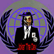 a joker the dev logo with a man holding a playing card