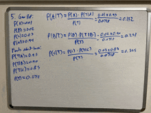 a white board with math equations on it including p ( a ) p ( b ) p ( c ) p ( t )