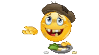 a smiley face wearing a hat is holding a plate of money .