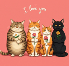 four cats holding flowers in front of a pink background with the words i love you