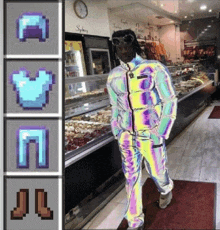 a man in a reflective suit is standing in front of a display of food