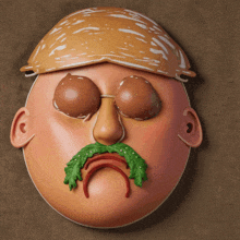 a cartoon face with a hamburger on his head and a sad face