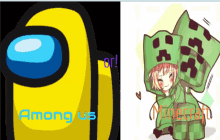 a yellow among us character next to a minecraft creeper girl