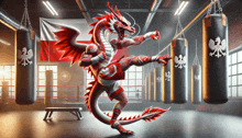 a red and white dragon kicking a punching bag in a gym