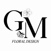 a logo for gm floral design with a pink flower on it