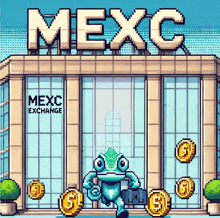 a pixel art of a chameleon carrying a briefcase in front of the mexc exchange