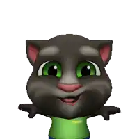 a cartoon cat with green eyes and a green shirt is smiling