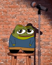 a frog sitting on a stool in front of a microphone