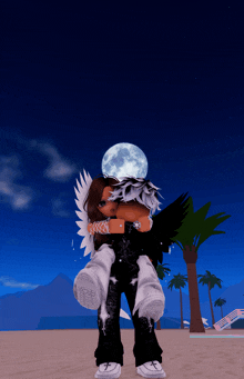 a person is carrying another person on their back with a full moon behind them