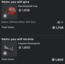 a screenshot of items you will give and items you will receive from roblox