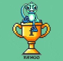 a pixel art illustration of a frog sitting on top of a trophy