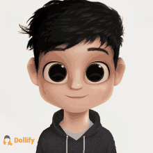 a cartoon boy with big eyes and a dollify logo behind him