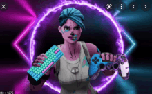 a video game character is holding a keyboard and a controller in front of a neon circle