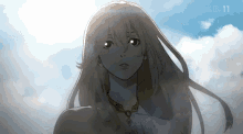 a girl with long hair is standing in front of a cloudy sky