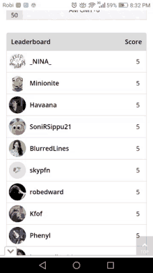 a screenshot of the leaderboard on a phone