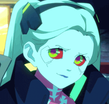 a close up of a cartoon character with white hair and colorful eyes