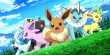 a group of pokemon standing on top of a grass covered hill