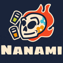 a logo for nanami with a skull and flowers