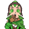 a cartoon character with green eyes and a green cape is covering his mouth with his hand .