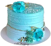 a blue cake with flowers and sprinkles has the name maria cake designer on it