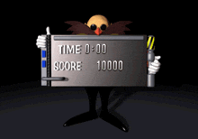 a cartoon character holds up a sign that says time 00:00 score 10000