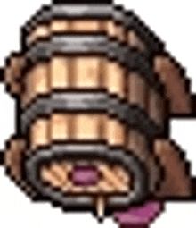 a pixel art illustration of a wooden barrel .