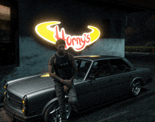 a man leans against a car in front of a neon sign that says horny 's